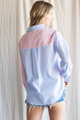 Blue Mix Colorblock-Striped Long Sleeves Top