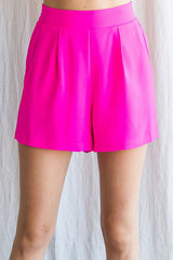 Hot Pink Solid Front Tuck Shorts