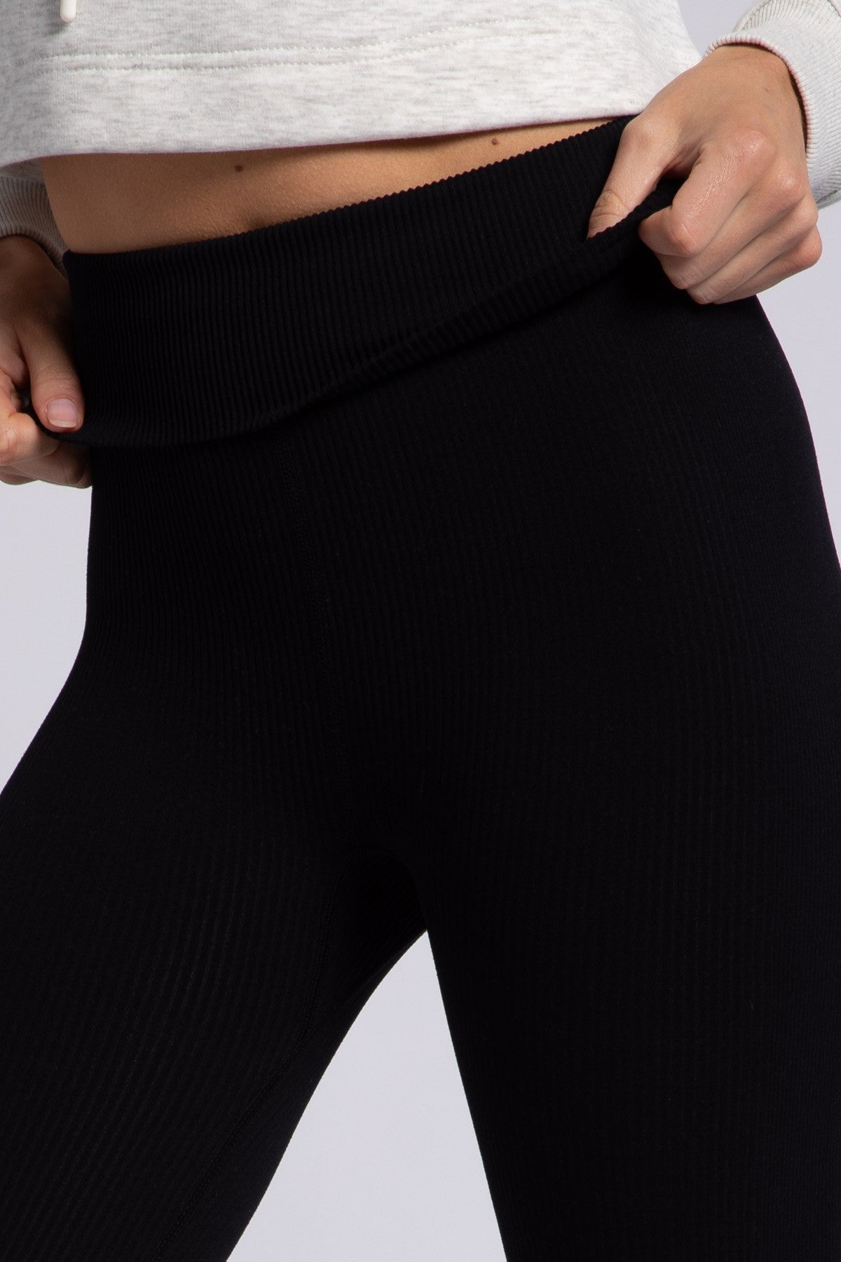 MONO B. Black Ribbed Fold Over Highwaist Thermal Leggings - Final Sale