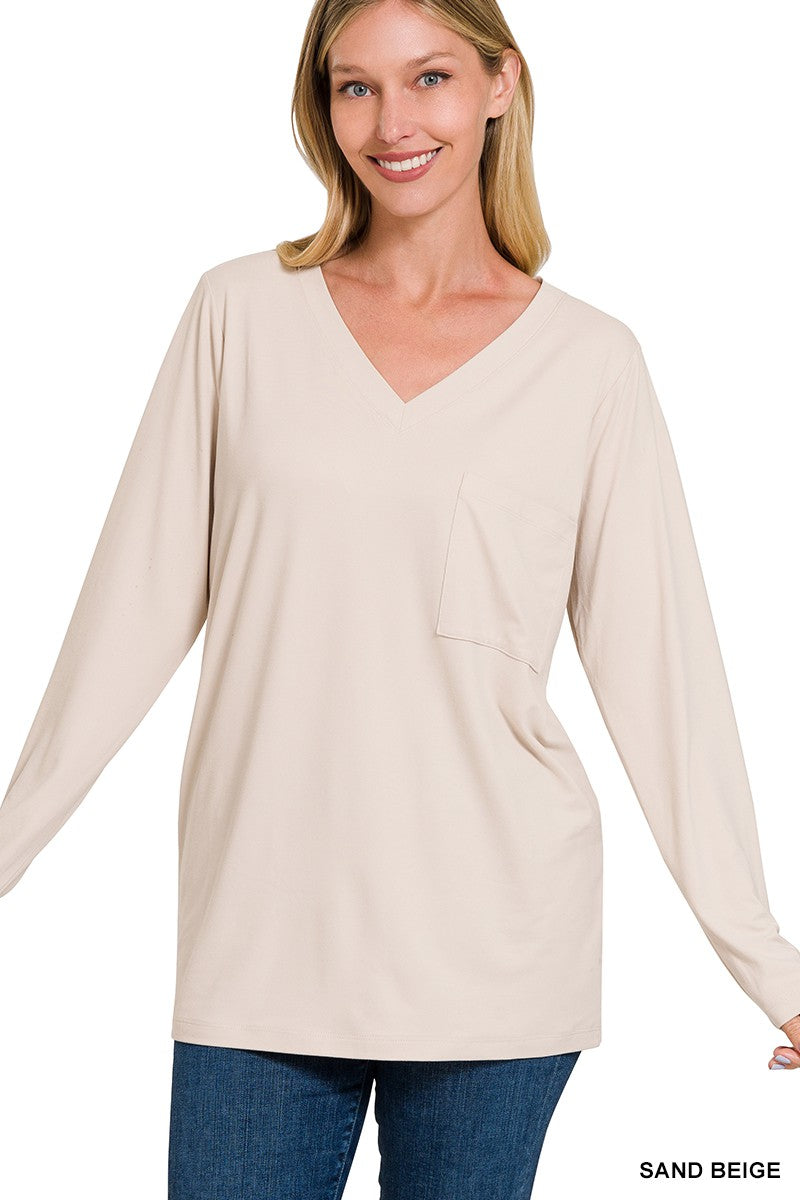 Brushed Microfiber V-Neck Long Sleeve Top w/ Pockets - Final Sale