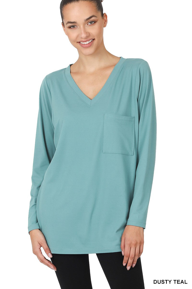 Brushed Microfiber V-Neck Long Sleeve Top w/ Pockets - Final Sale