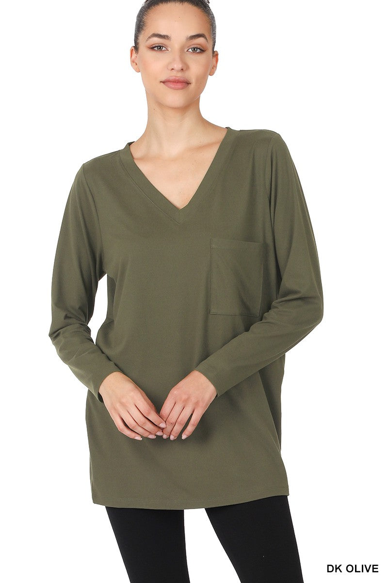 Brushed Microfiber V-Neck Long Sleeve Top w/ Pockets - Final Sale