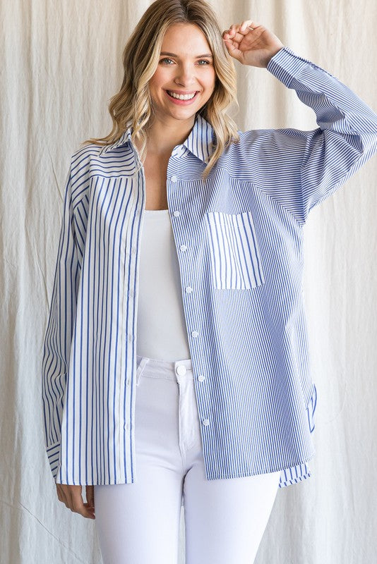 Denim Colorblock-Striped Long Shirt Sleeves Top