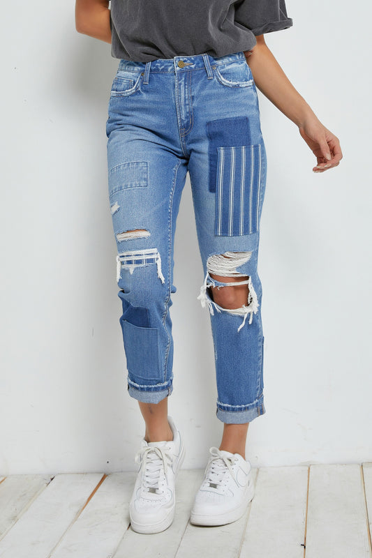 HIGH RISE BOYFRIEND CROP WITH STRIPE PATCH - MICA - Final Sale