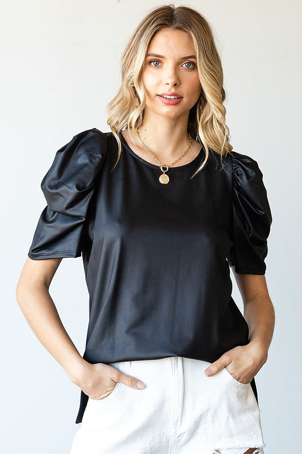 Faux Leather Puff Sleeve Blouse Top