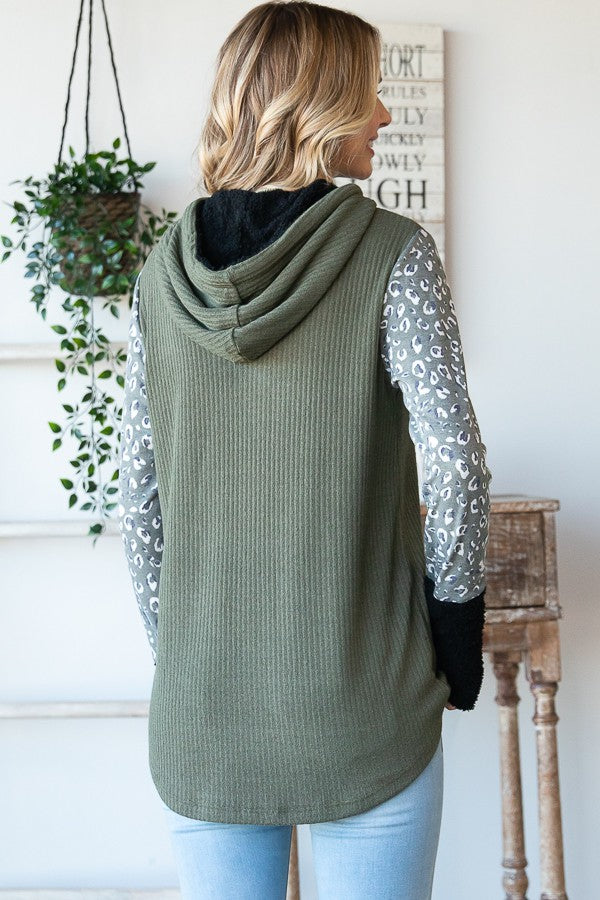 Olive Leopard Color Block Hooded Tunic Top*DEAL - COUPON EXCLUDED*