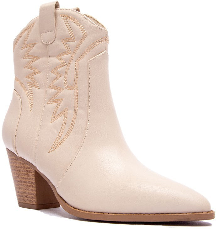 Pointy Toe Chunky Heel Ankle Booties - Off White