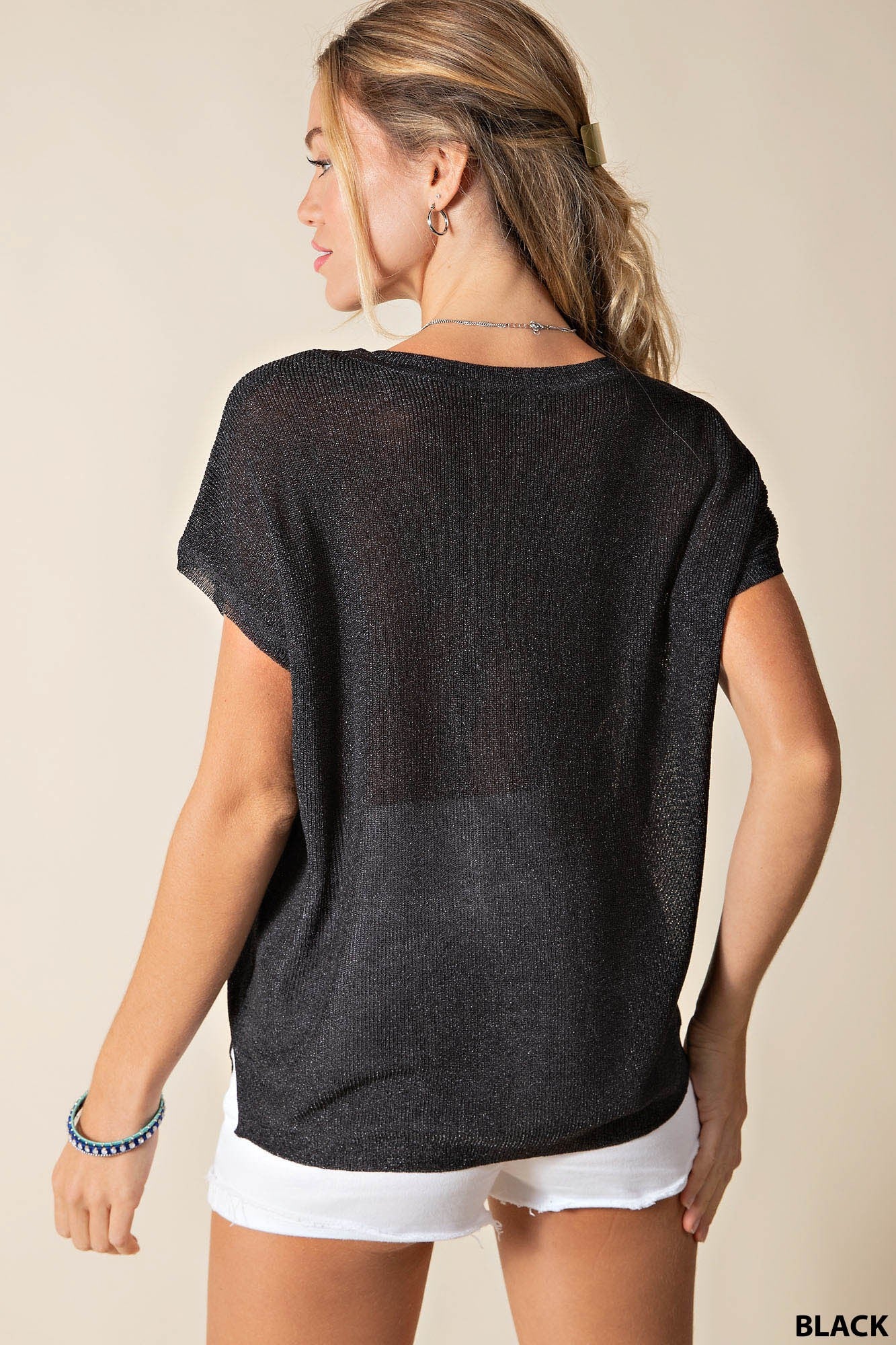 Black Metallic Short Sleeve Sweater