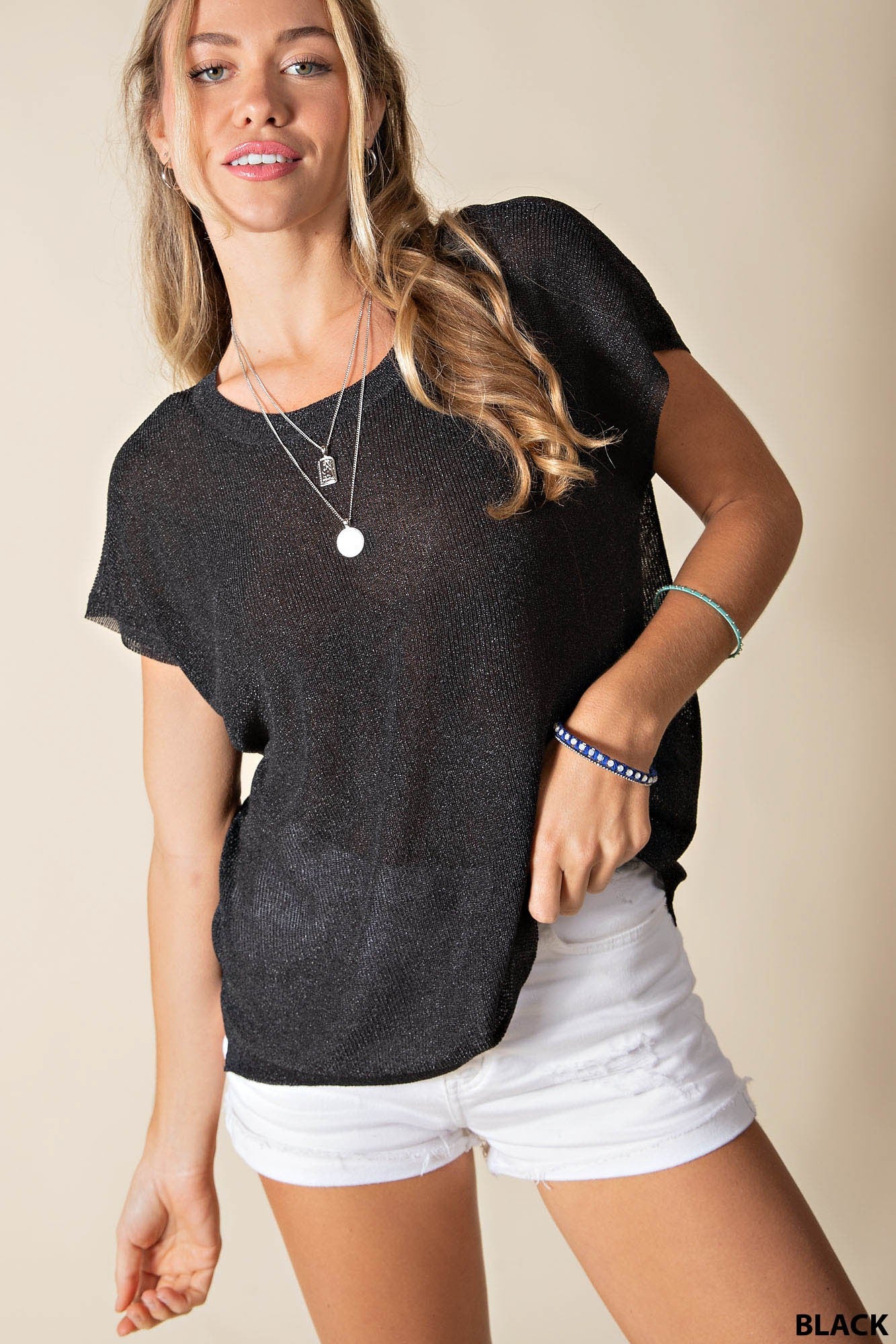 Black Metallic Short Sleeve Sweater