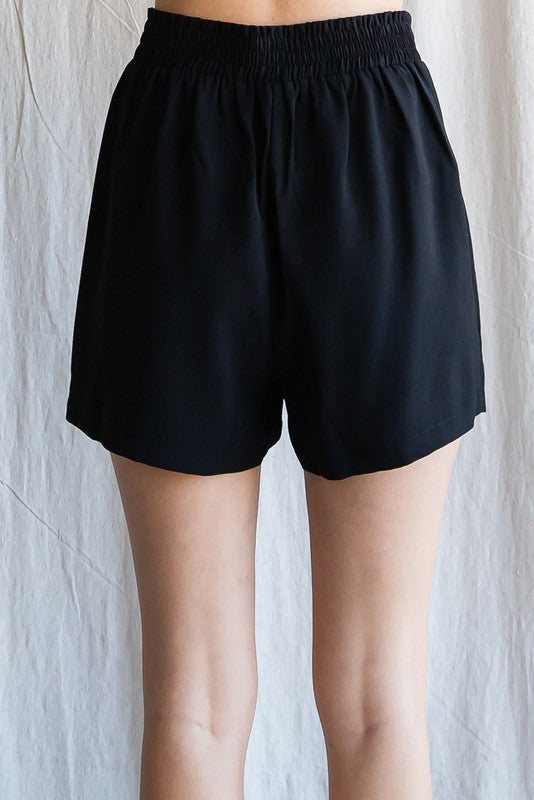 Black Solid Front Tuck Shorts