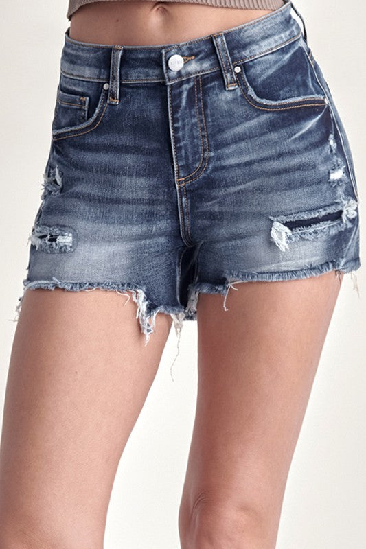 Dark Wash Mid Rise Patched Denim Shorts - Risen | FINAL SALE