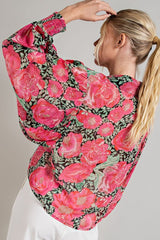 Floral Puff Sleeve Blouse - Hot Pink