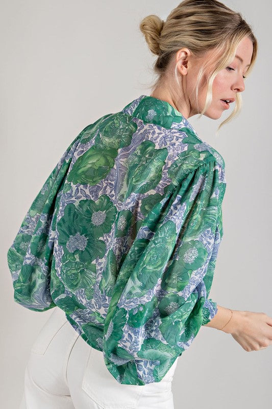 Garden of Luxury Floral Puff Sleeve Blouse - Kelly Green -Final Sale