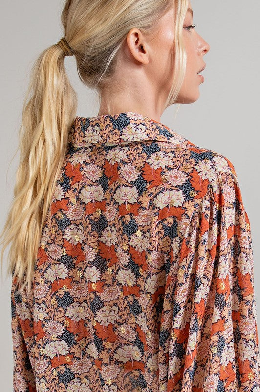 Floral Terracotta Button Down Puff Sleeve Blouse