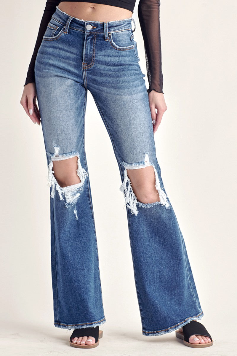 MID RISE DISTRESSED FLARE JEANS | RISEN - Final Sale