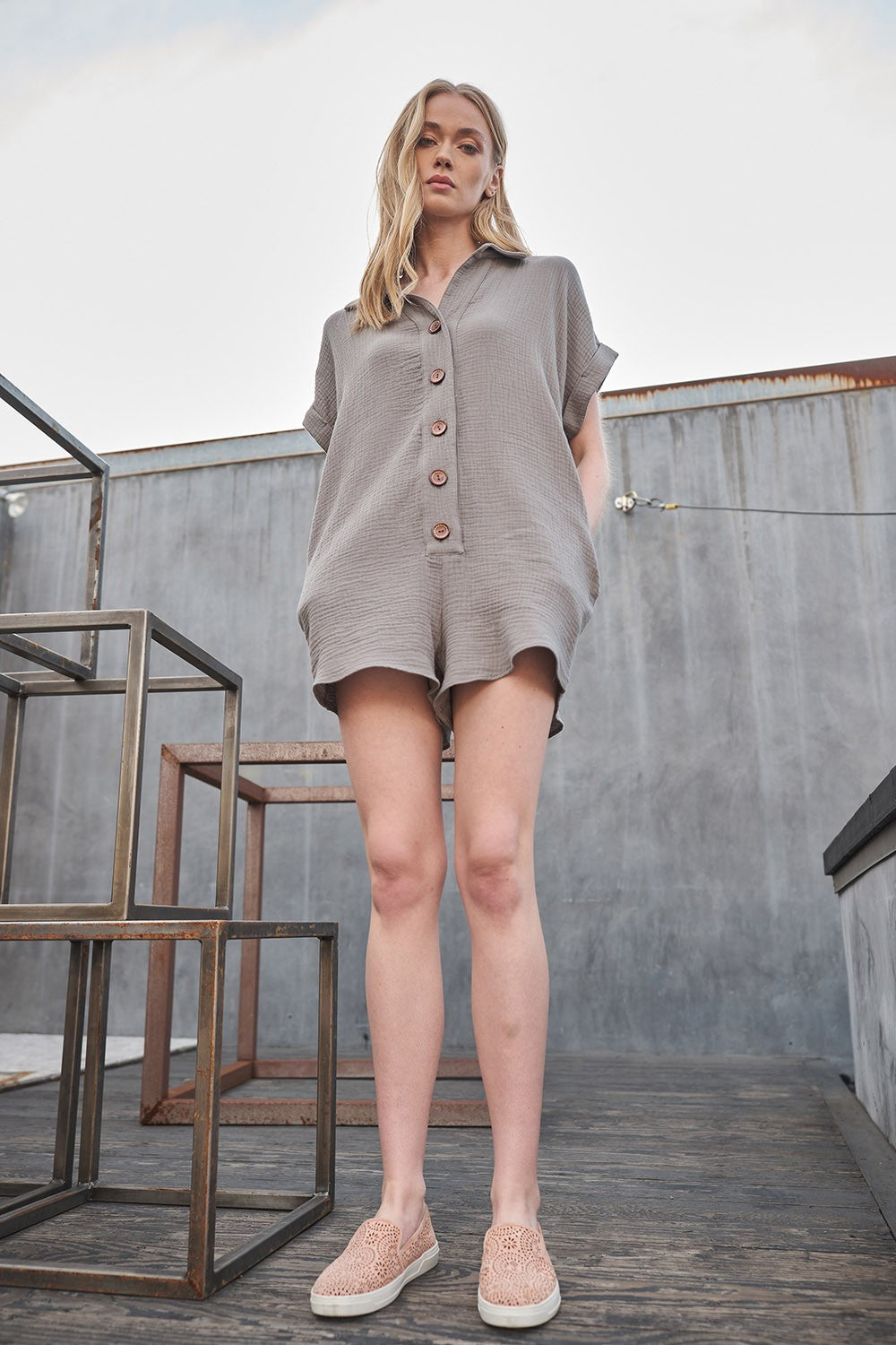 Weekend in Destin Collared Roll-Up Sleeve Gauze Romper - Final Sale