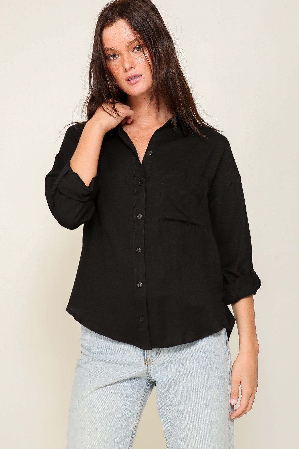 Linen 3/4 Sleeve Button Down Top | TIMING