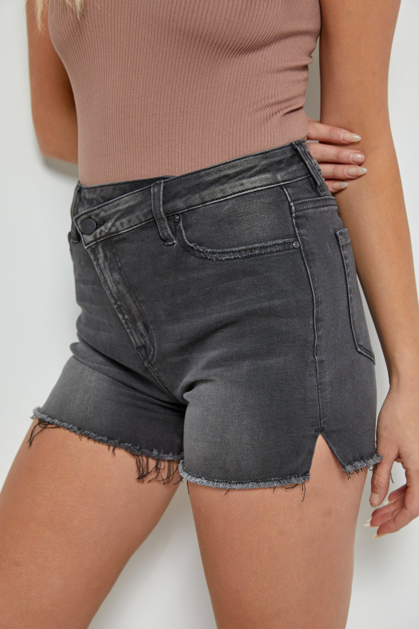 Black High Rise Cross Over Denim Shorts | MICA - Final Sale