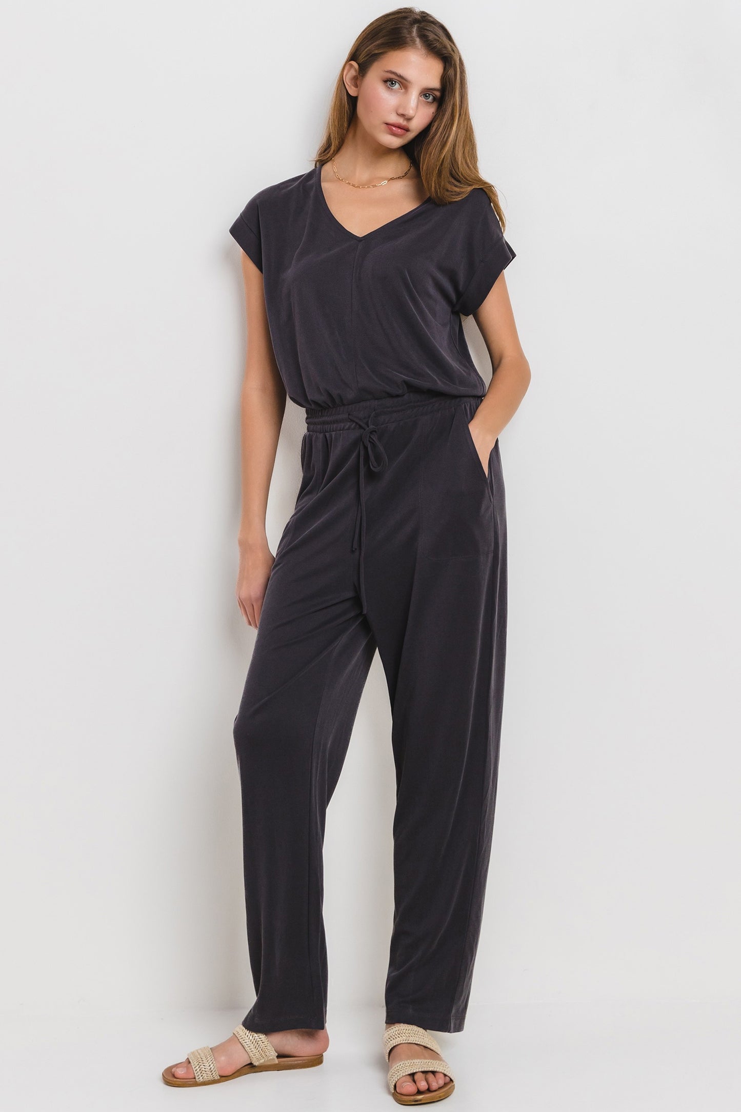 One-And-Done V Neck Stretch Jumpsuit - Final Sale