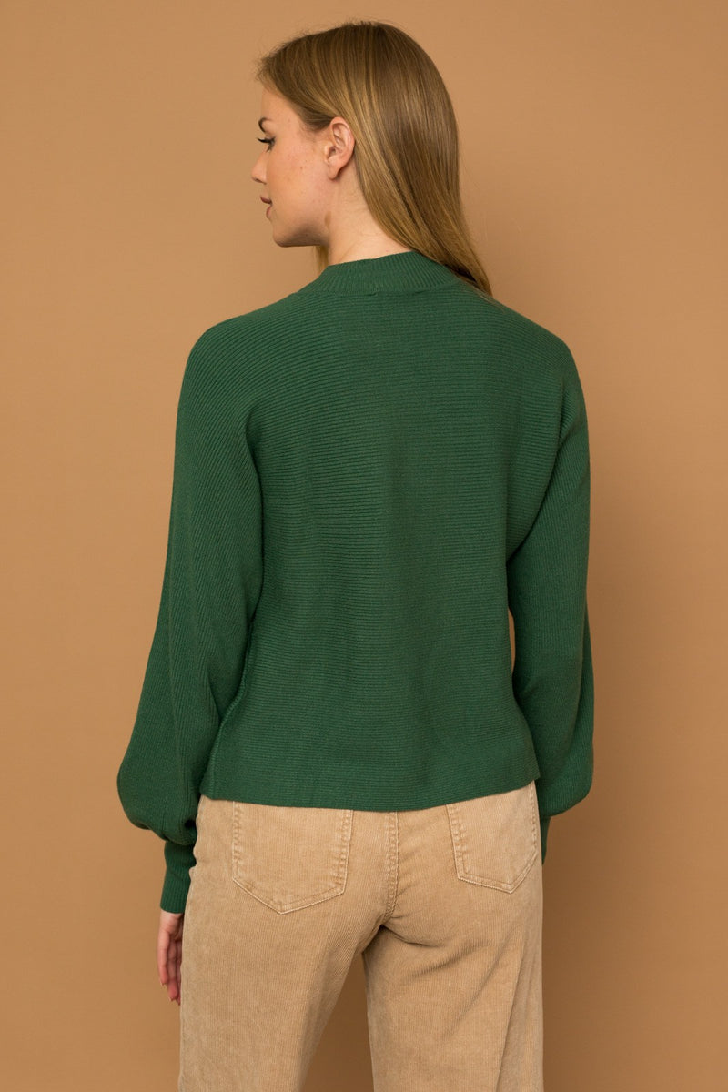 Green Turtleneck Puff Sleeve Knit Sweater