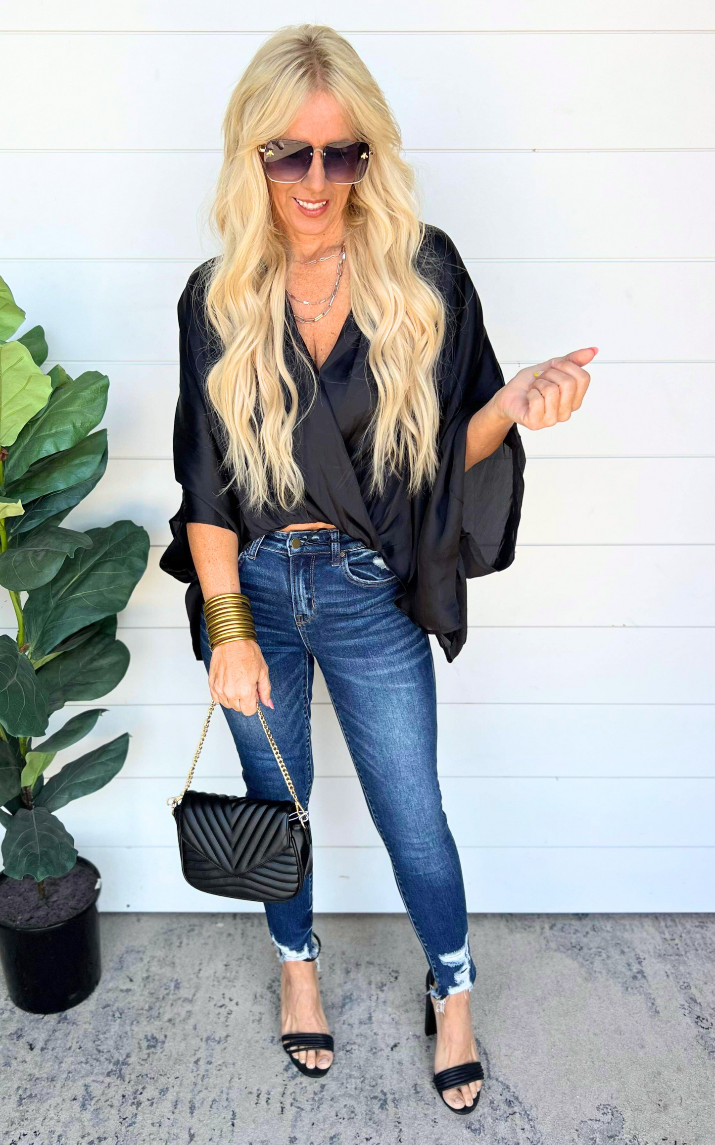 Black Oversized Surplice V-Neck Top