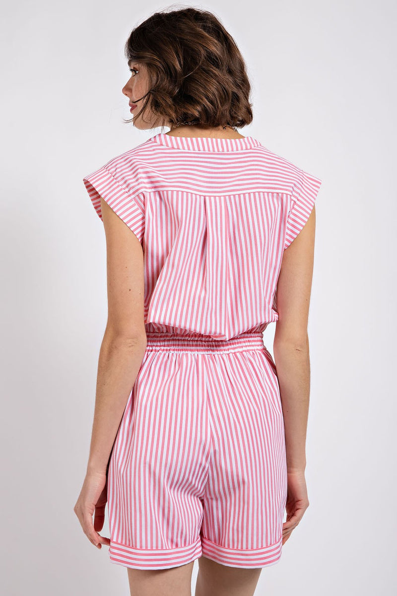 Coral Striped Romper with Pockets