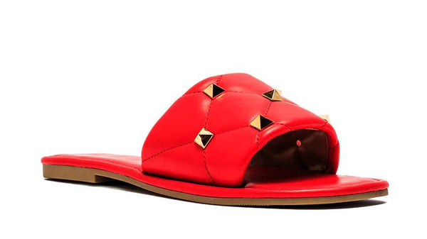 Red Studded Single Strap Flat Sandals