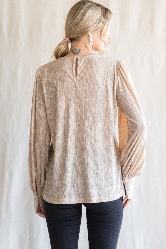 Champagne Textured Long Sleeve Peasant Top