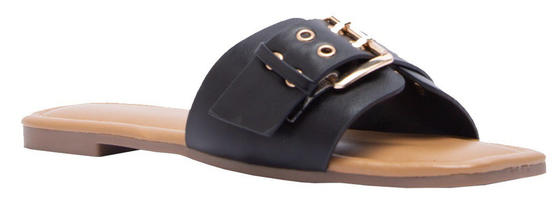 Women's Belt Eyelet Buckled Strap Slide On Sandals - Black - Final Sale
