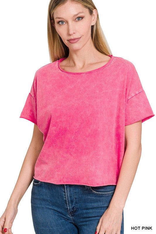 HOT PINK Acid Wash Short Sleeve Crop Top