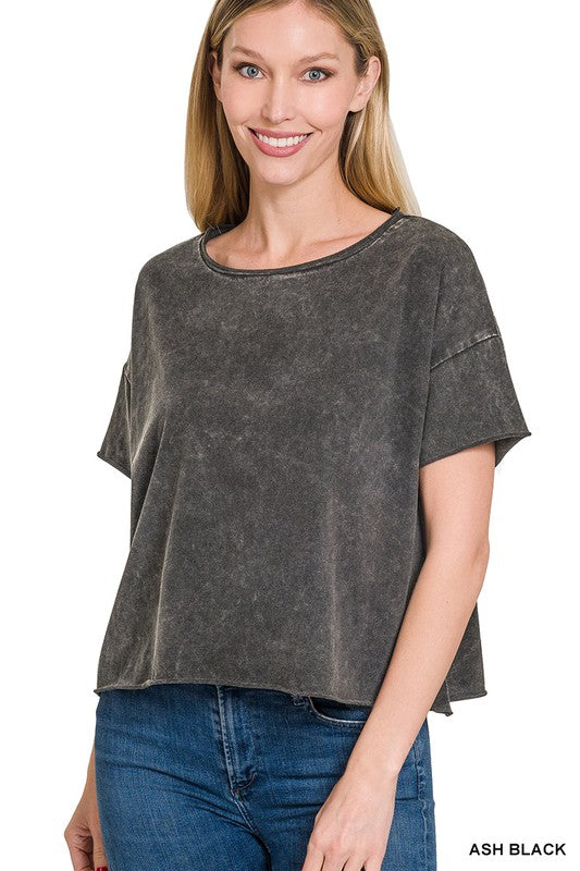 ASH BLACK Acid Wash Short Sleeve Crop Top