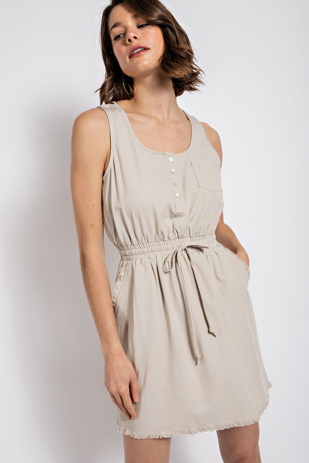 Frayed Hem Button Detail Drawstring Waist Dress - Final Sale