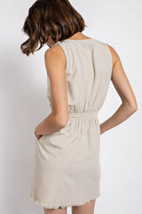 Frayed Hem Button Detail Drawstring Waist Dress - Final Sale