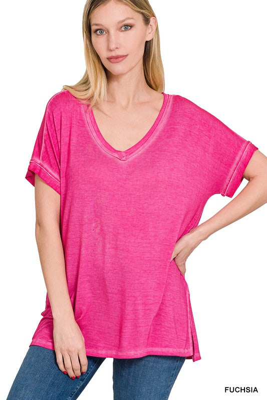 Washed Short Sleeve V-Neck Top w/ Hi-Low Hem | FINAL SALE