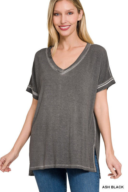 Washed Short Sleeve V-Neck Top w/ Hi-Low Hem | FINAL SALE