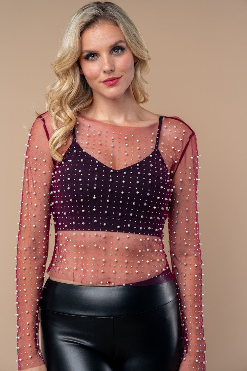 Long Sleeve Metallic Mesh Top