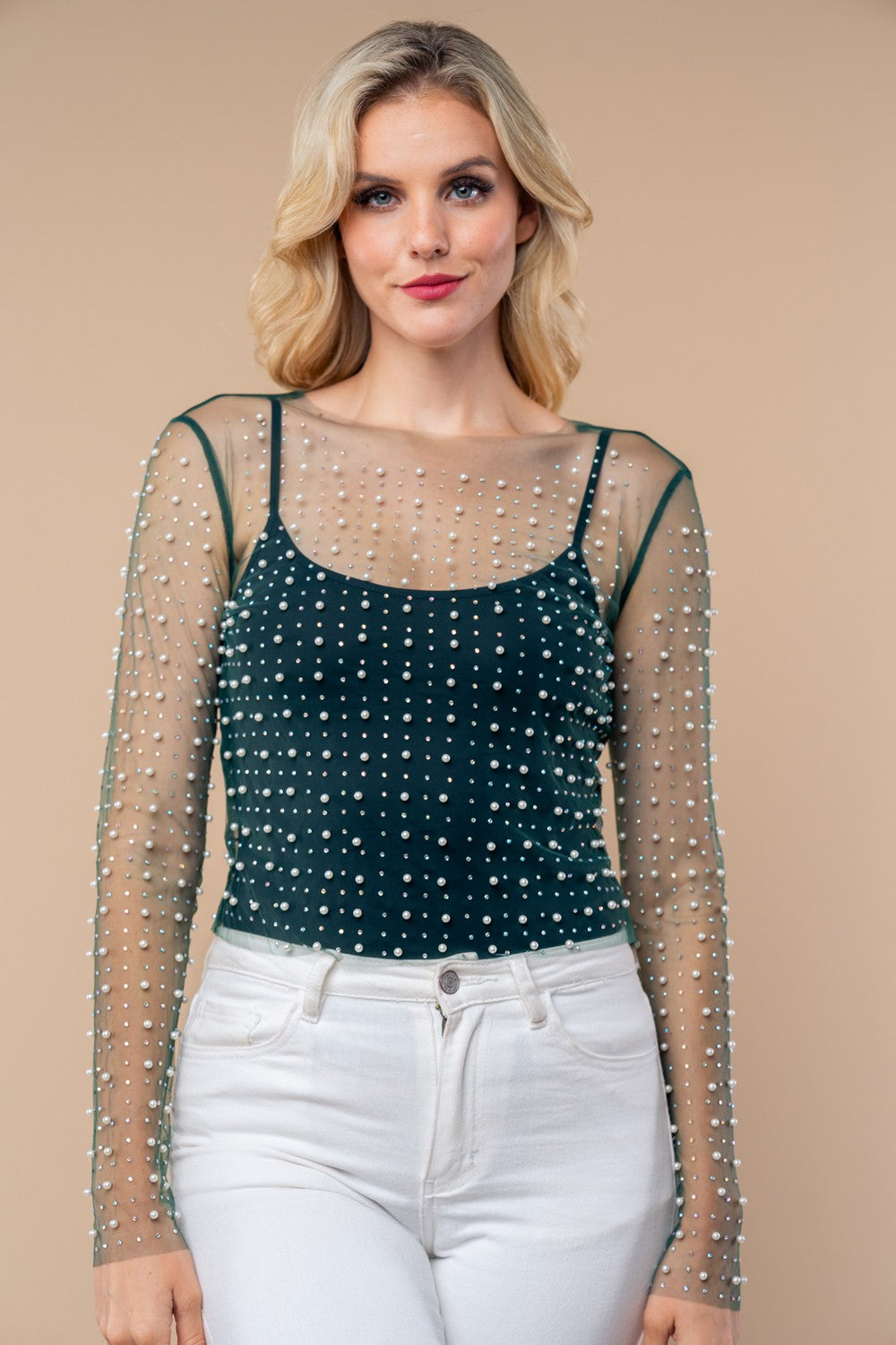 Long Sleeve Metallic Mesh Top