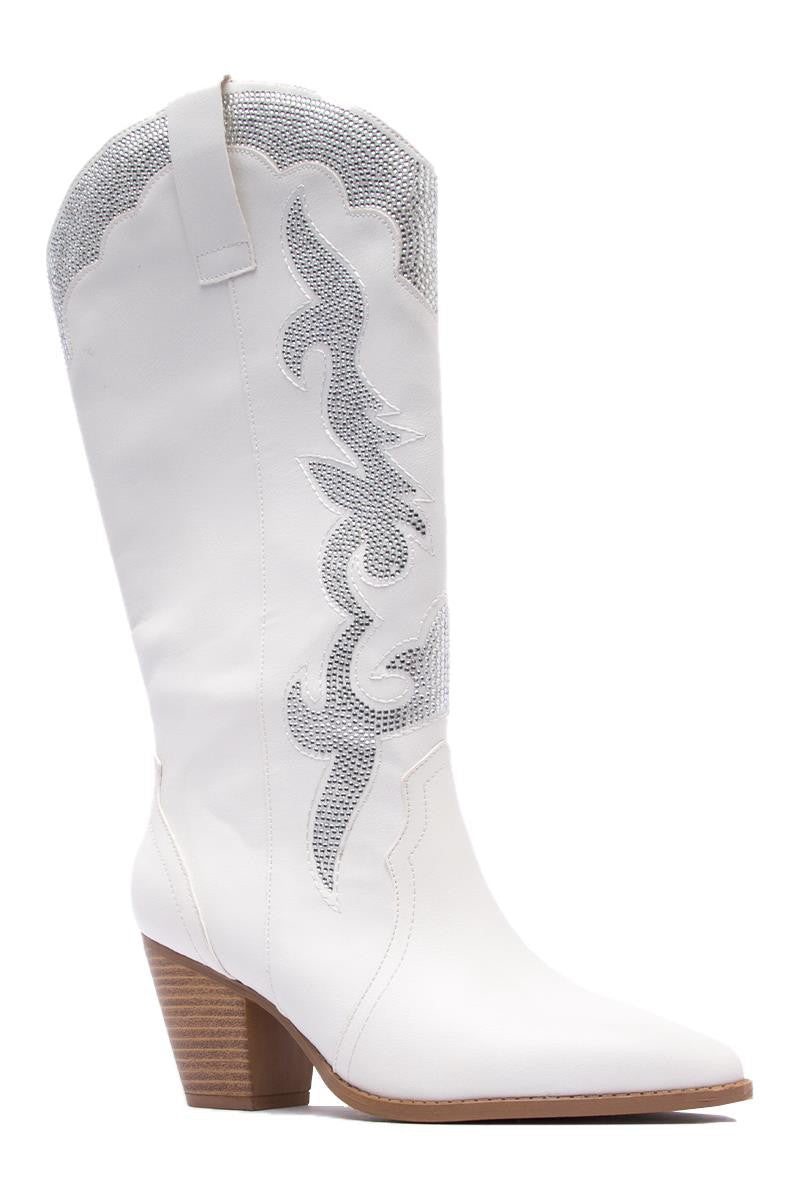 White Block Heel Flame Knee High Boots