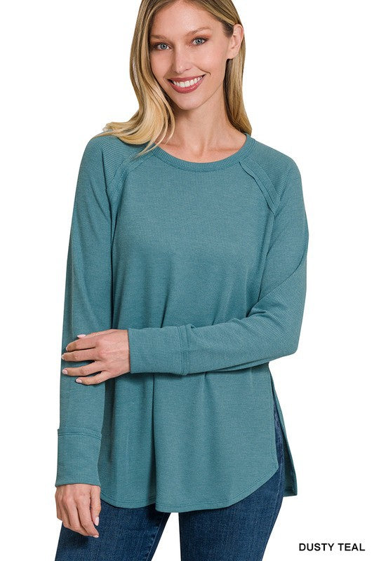 Dusty Teal Melange Waffle Long Sleeve Top 