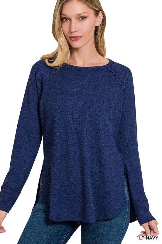 Lt Navy The Fall Favorite Melange Waffle Long Sleeve Top 