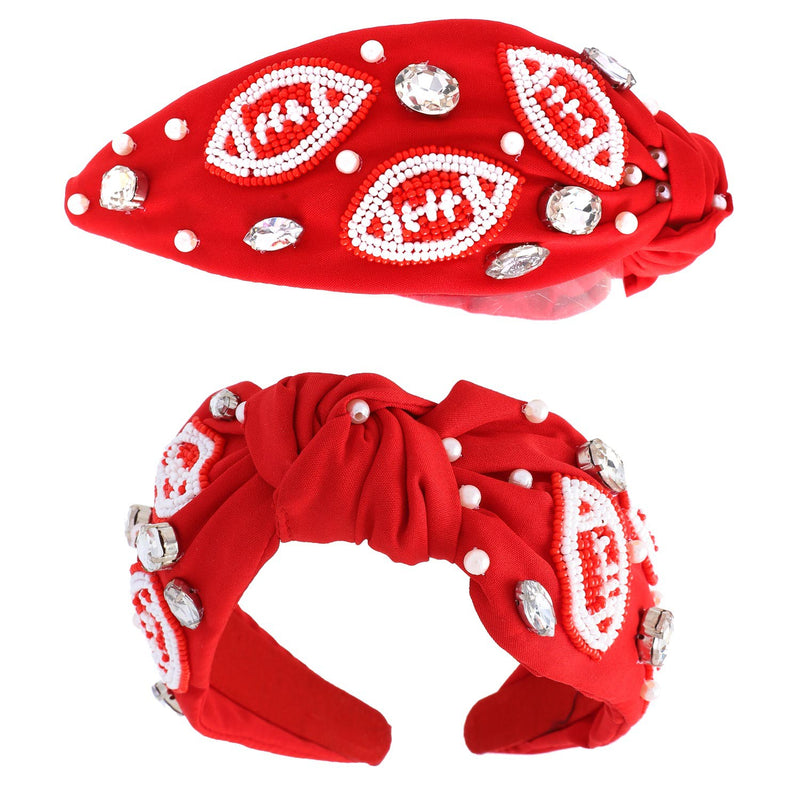 GAME DAY BEADED FOOTBALL PATTERN KNOTTED HEADBAND | RED