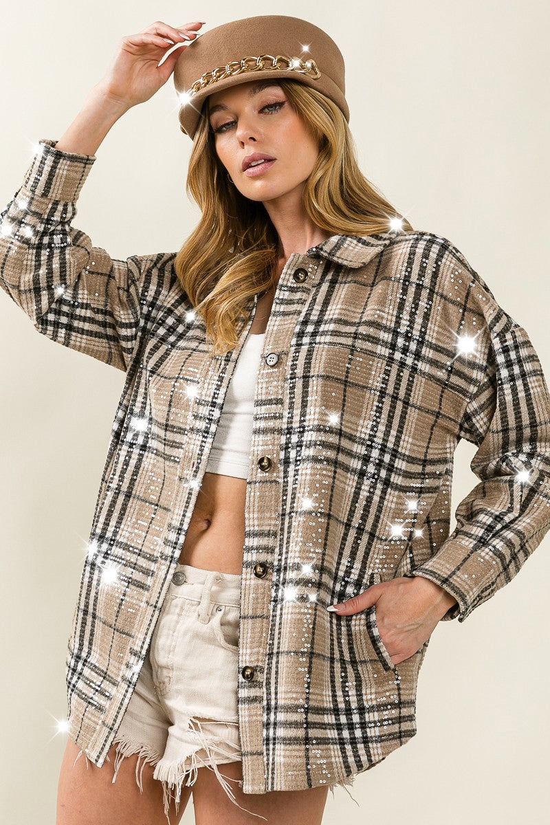 Allover Clear Sequin Vintage Plaid Shacket | BiBi - Final Sale