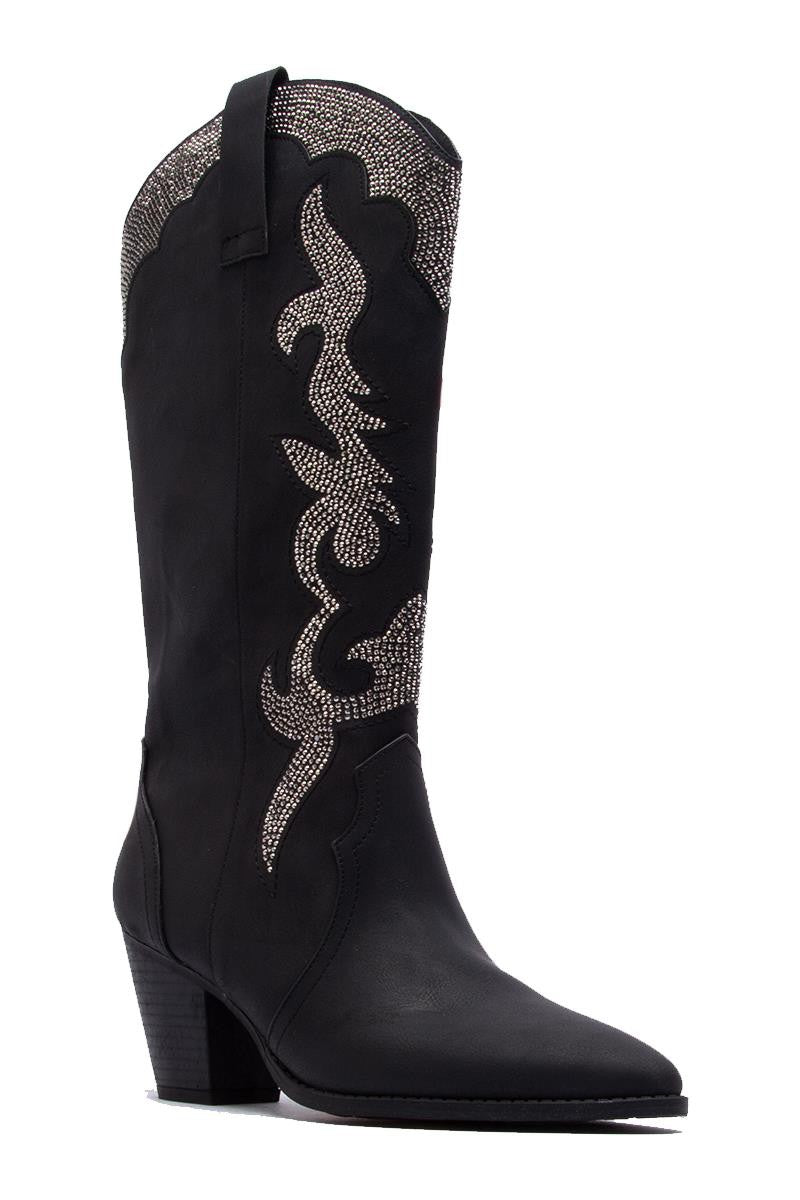 Black Block Heel Flame Knee High Boots