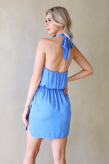 Silk Skinny Halter Mini Dress - Clean Blue