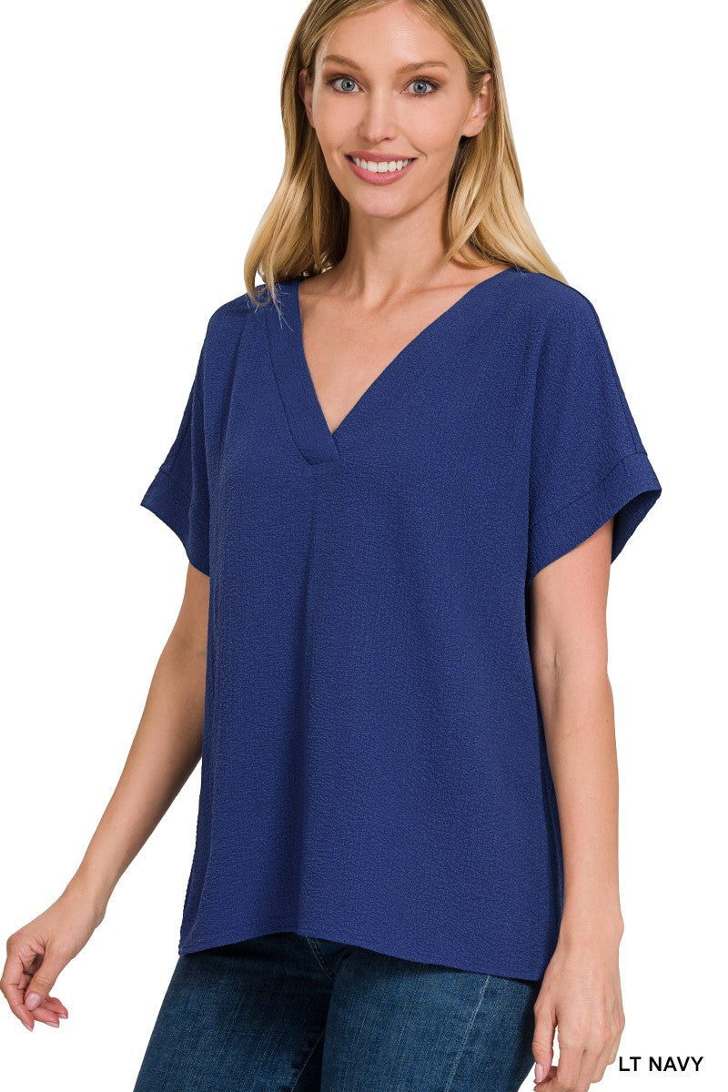 Woven Airflow V-Neck Short Sleeve Top