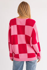 Magenta Oversized Checkered Sweater