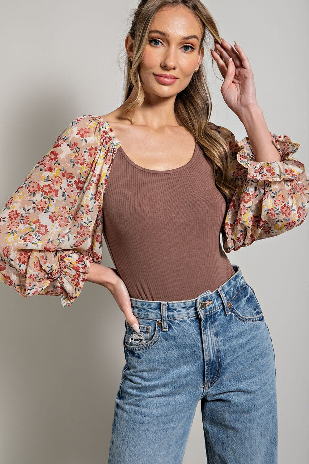 Floral Bubble Sleeve Bodysuit - Final Sale