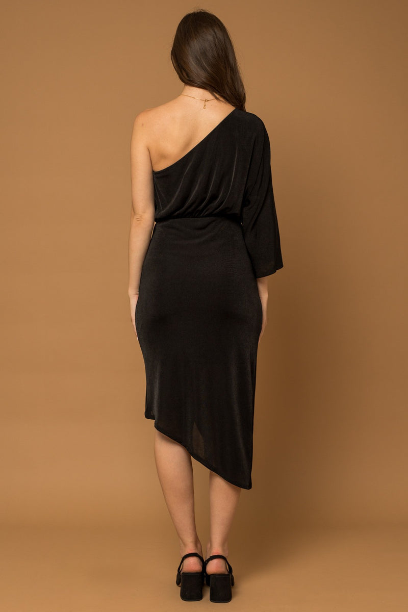Black One Shoulder Wrap Midi Dress - Final Sale