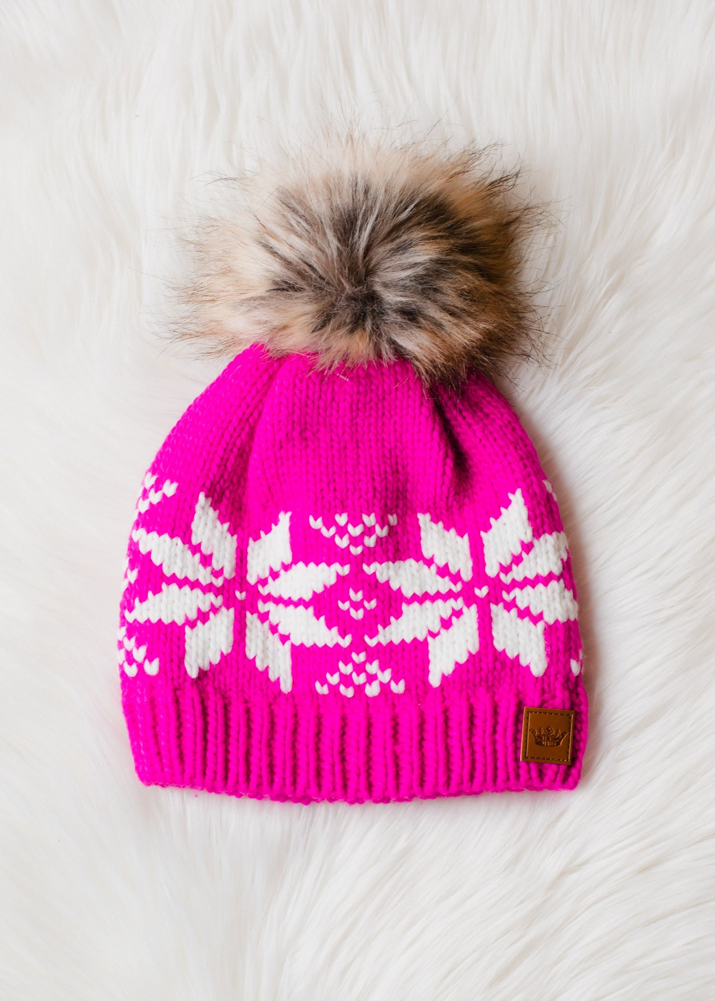 Pink & White Snowflake Pom Beanie