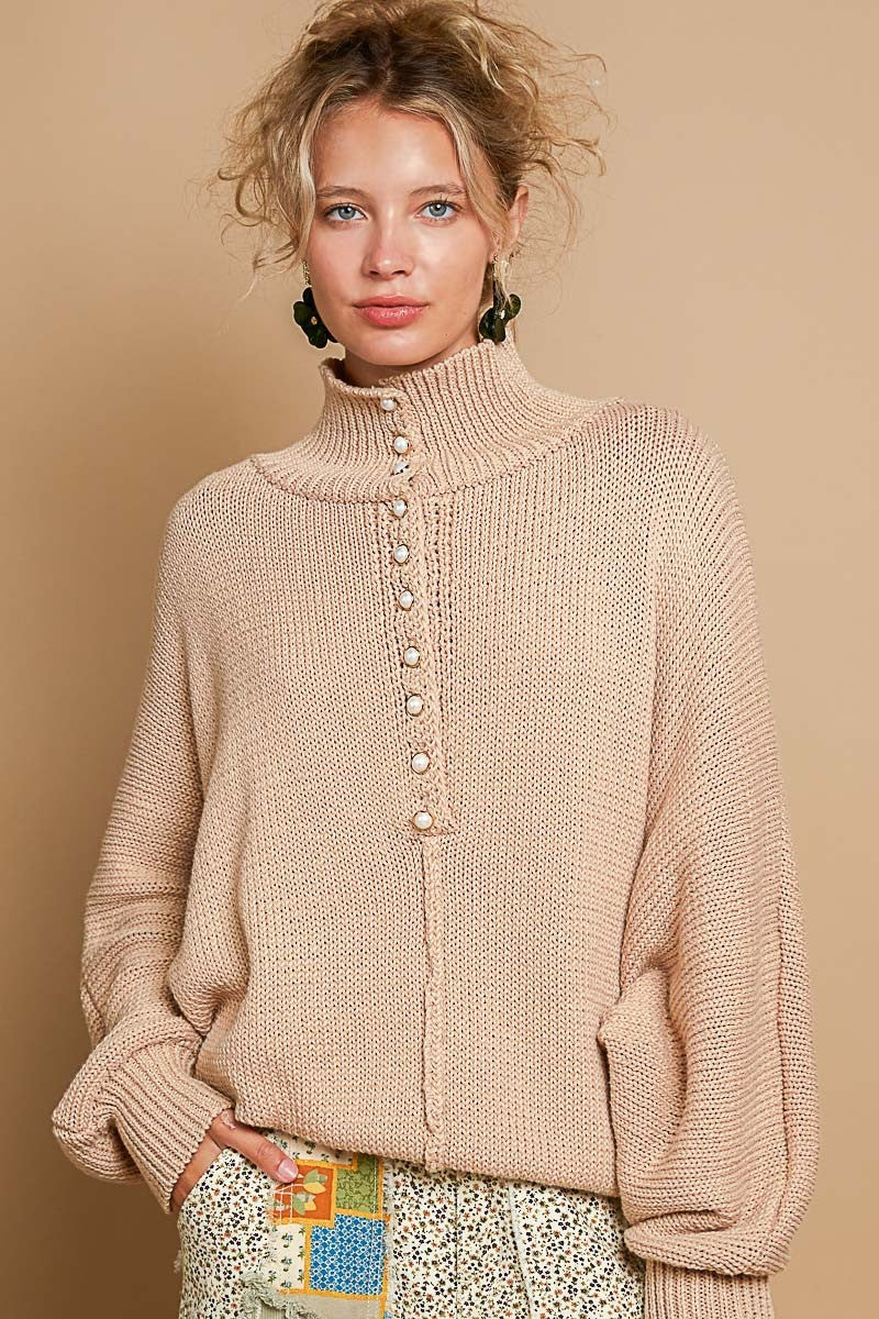 Dolman sleeve mock neck pearl button sweater * LAS VEGAS LIVE PREORDER